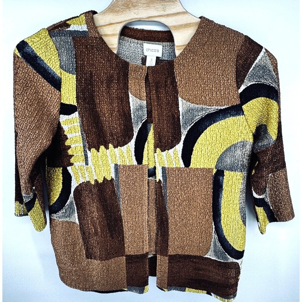 Chicos Size 3 Crushed Abstract 3/4 Sleeve Jacket and Tank Set Brown Gold Flowy